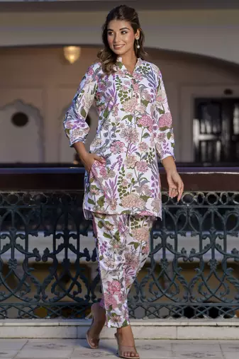 Off white color smart cotton blend fabric designer printed smart co-ord set