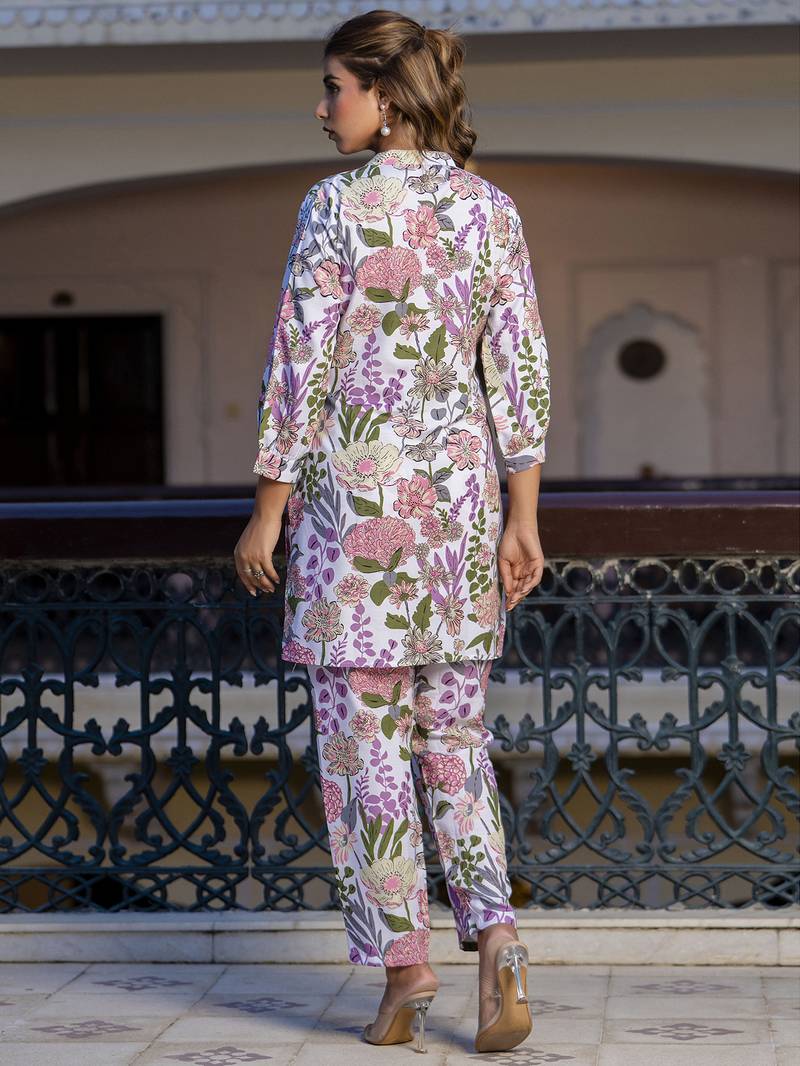 Off white color smart cotton blend fabric designer printed smart co-ord set