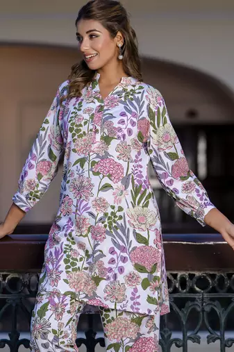 Off white color smart cotton blend printed smart co-ord set