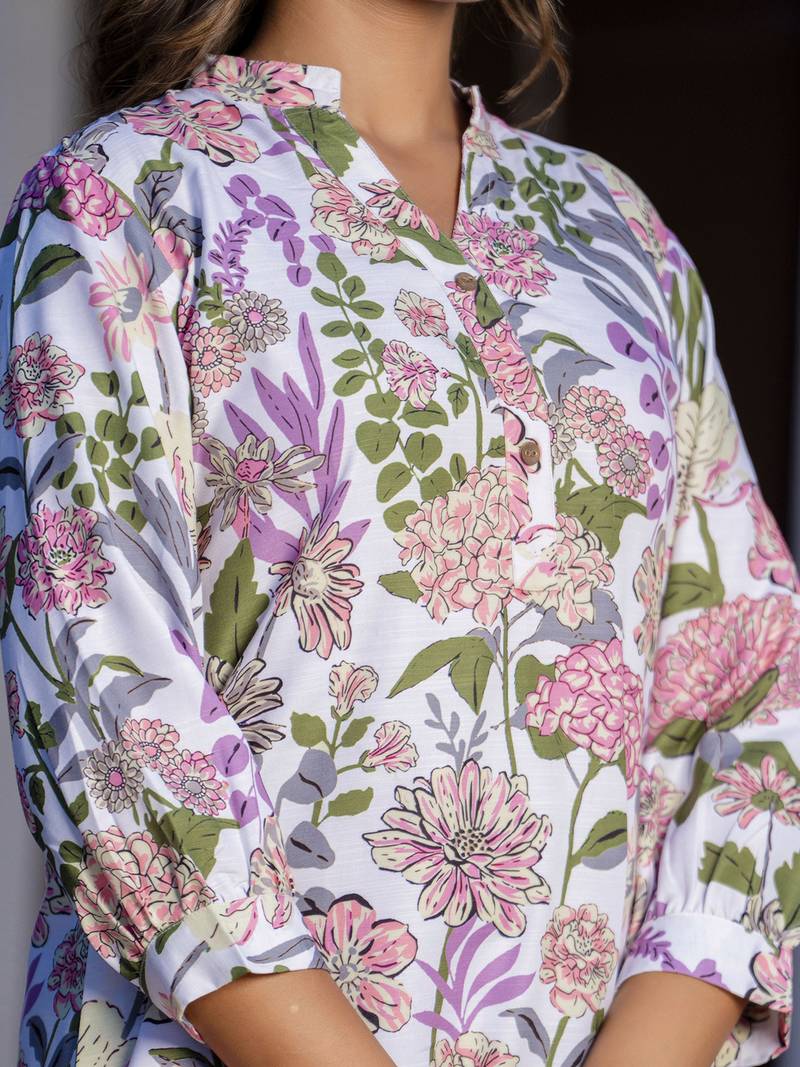 Off white color smart cotton blend fabric designer printed smart co-ord set