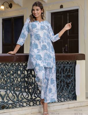 Blue color smart cotton blend printed smart co-ord set 1