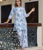 Blue color smart cotton blend fabric designer printed smart co-ord set
