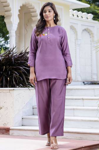 Lavender color smart silk blend fabric designer hand work smart co-ord set
