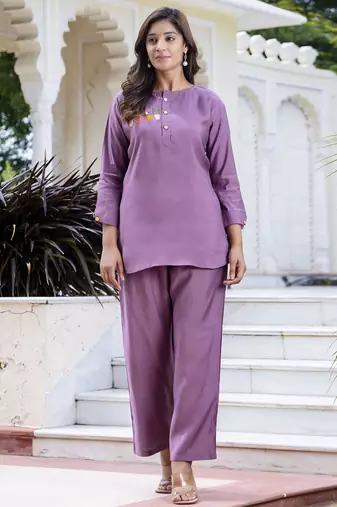 Lavender color smart silk blend fabric designer hand work smart co-ord set