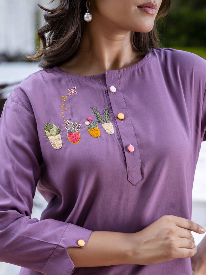 Lavender color smart silk blend fabric designer hand work smart co-ord set