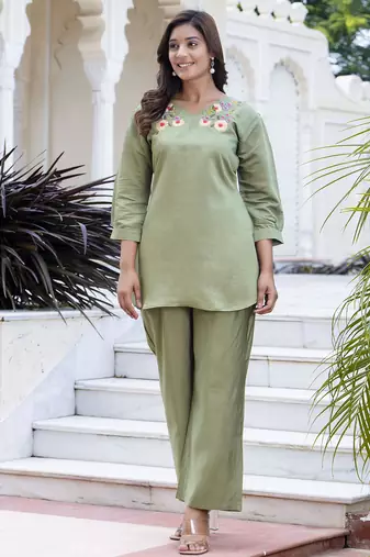 Pista color smart silk blend fabric designer hand work smart co-ord set