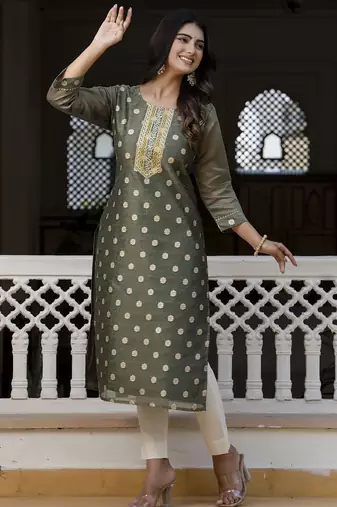 Green color beautiful silk blend fabric sophisticated kurta for girls