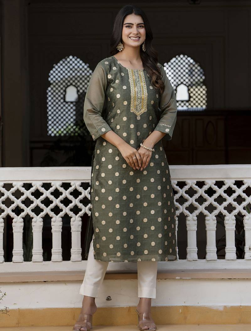 Green color beautiful silk blend fabric sophisticated kurta for girls