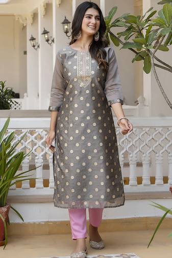 Grey color beautiful silk blend fabric sophisticated kurta for girls