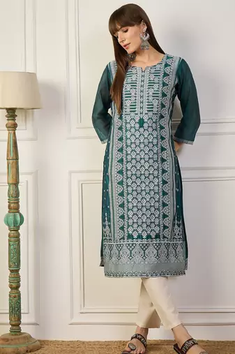 Teal color cotton silk fabric woven designer ethnic formal kurta