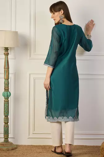Teal color cotton silk woven formal kurta