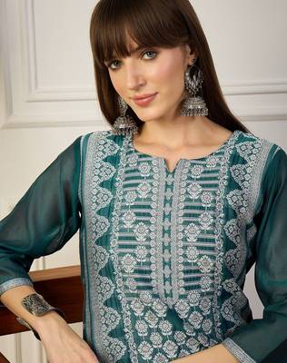 Teal color cotton silk woven formal kurta 3