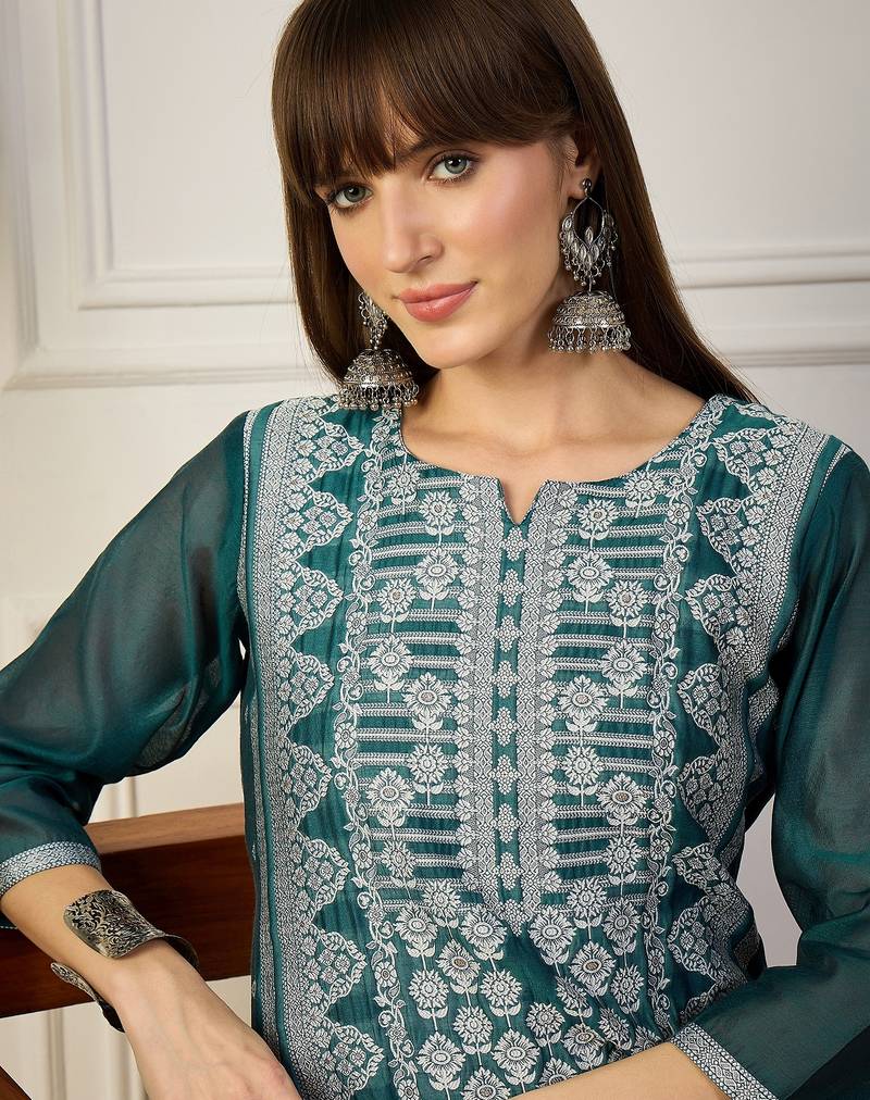 Teal color cotton silk fabric woven designer ethnic formal kurta