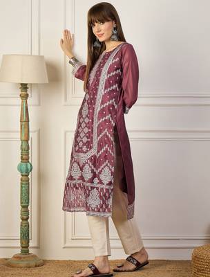 Lavender color cotton silk woven formal kurta 4