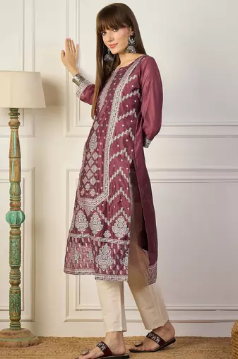 Lavender color cotton silk woven formal kurta