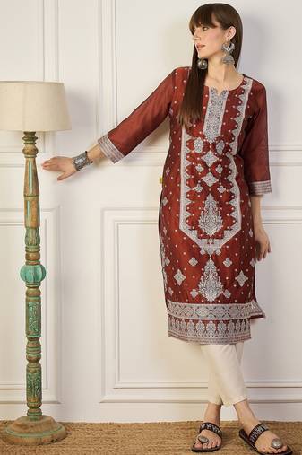 Orange color cotton silk fabric woven designer ethnic formal kurta