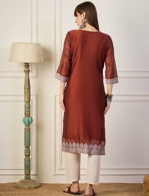 Orange color cotton silk woven formal kurta 2