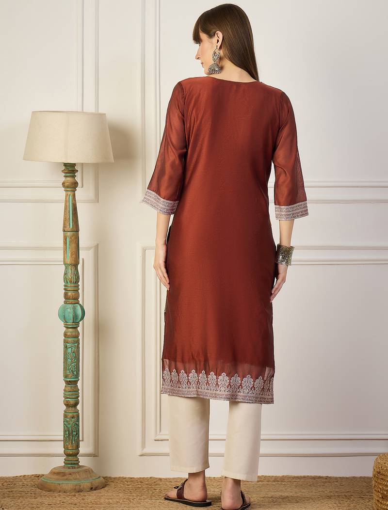 Orange color cotton silk fabric woven designer ethnic formal kurta