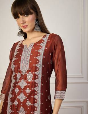 Orange color cotton silk woven formal kurta 3