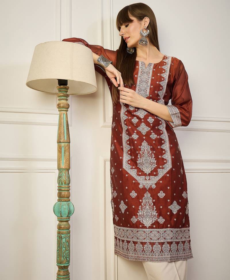 Orange color cotton silk fabric woven designer ethnic formal kurta