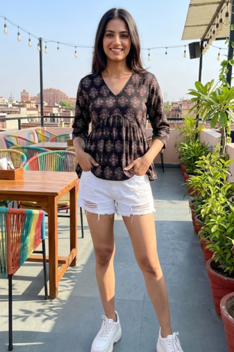 Women's Rayon Handprinted handmade block printed designer Black tops & tunics