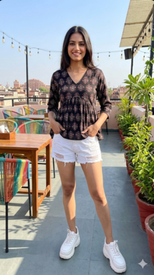 Women's Rayon Handprinted handmade block printed designer Black tops & tunics 1