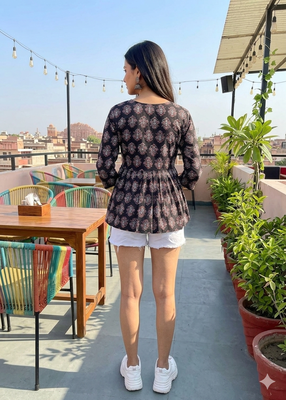 Women's Rayon Handprinted handmade block printed designer Black tops & tunics 2