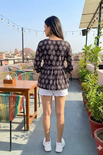 Women's Rayon Handprinted handmade block printed designer Black tops & tunics