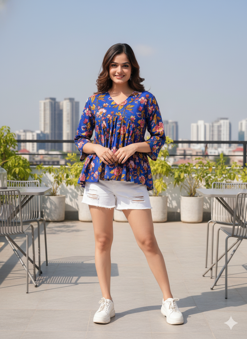 Women's Rayon Handprinted Handmade Floral Printed Designer Blue Tops & Tunics