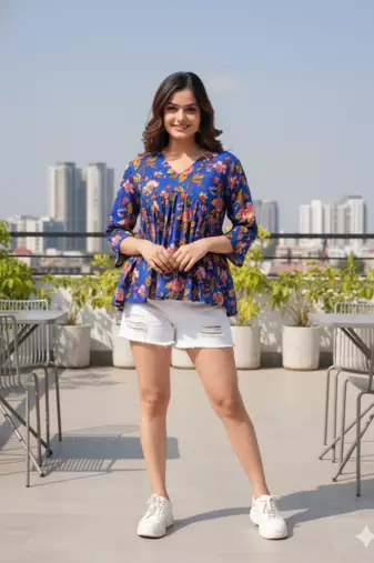 Women's Rayon Handprinted Handmade Floral Printed Designer Blue Tops & Tunics