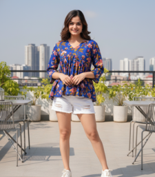 Women's Rayon Handprinted Handmade Floral Printed Designer Blue Tops & Tunics