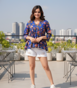 Women's Rayon Handprinted Handmade Floral Printed Designer Blue Tops & Tunics