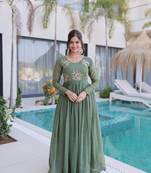 Purple gold crush beads embroidered work flared gown with heavy dupatta