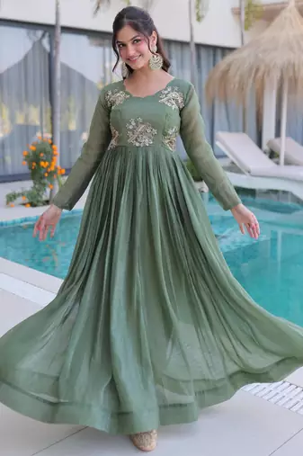 Purple gold crush beads embroidered work flared gown with heavy dupatta