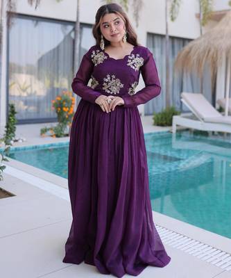 Maroon gold crush beads embroidered work flared gown with heavy dupatta 1