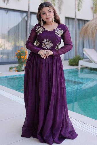 Maroon gold crush beads embroidered work flared gown with heavy dupatta