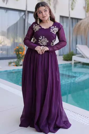 Maroon gold crush beads embroidered work flared gown with heavy dupatta