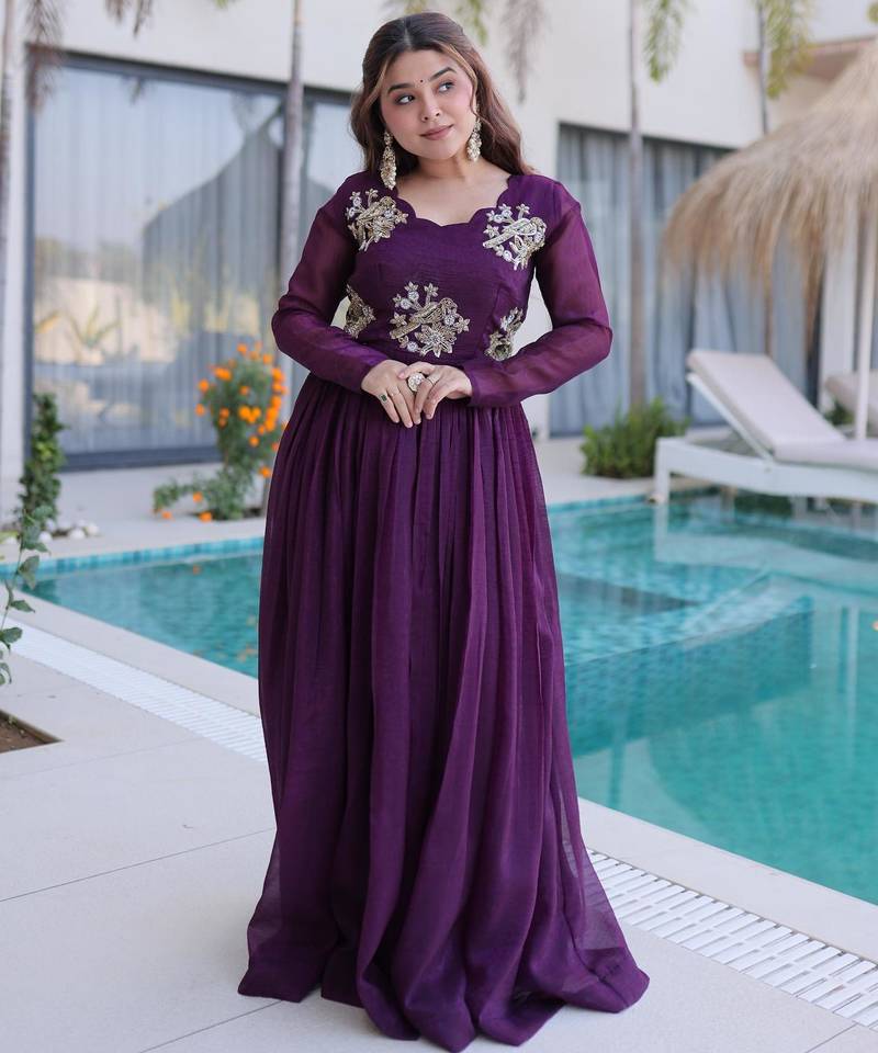 Maroon gold crush beads embroidered work flared gown with heavy dupatta