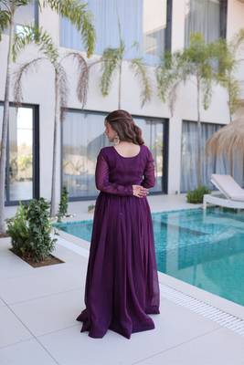 Maroon gold crush beads embroidered work flared gown with heavy dupatta 2