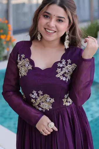 Maroon gold crush beads embroidered work flared gown with heavy dupatta