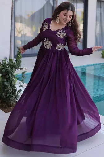 Maroon gold crush beads embroidered work flared gown with heavy dupatta
