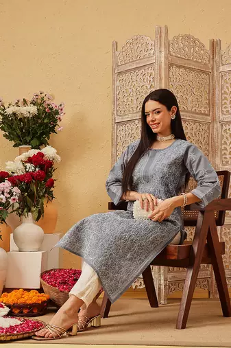 Ada hand embroidered dark grey cotton lucknowi chikankari straight kurta
