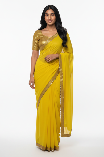 Yellow sequenced work georgette saree with blouse piece.