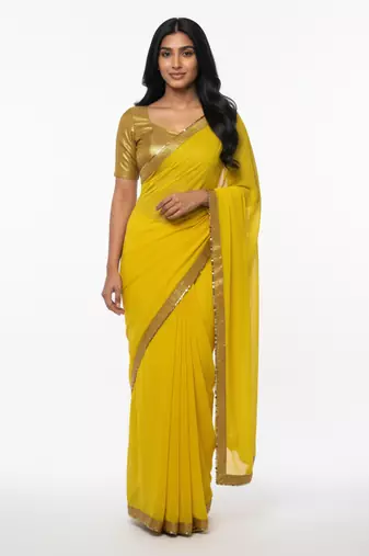 Yellow sequenced work georgette saree with blouse piece.