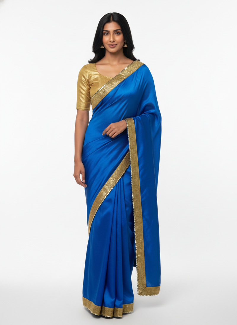 Blue sequenced work georgette saree with blouse piece.