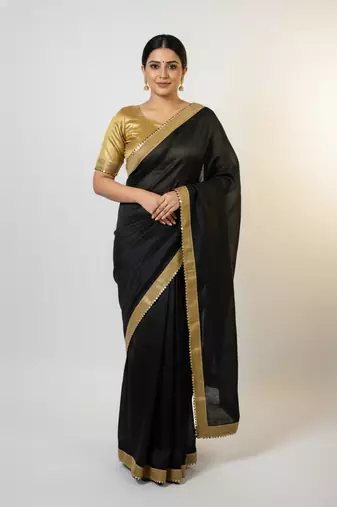 Black sequenced work georgette saree with blouse piece.