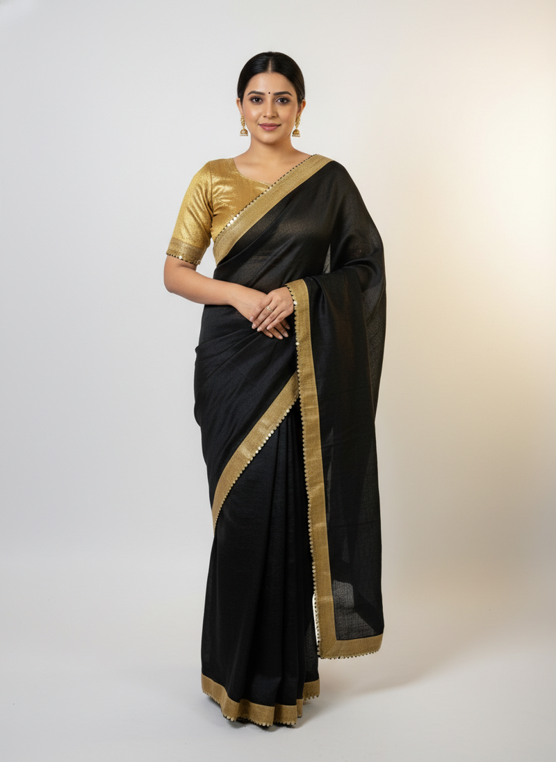 Black sequenced work georgette saree with blouse piece.