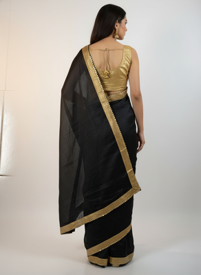Black sequenced work georgette saree with blouse piece. 2