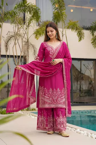 Rani-pink embroidered kurta set