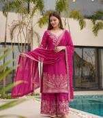 Rani-pink embroidered kurta set